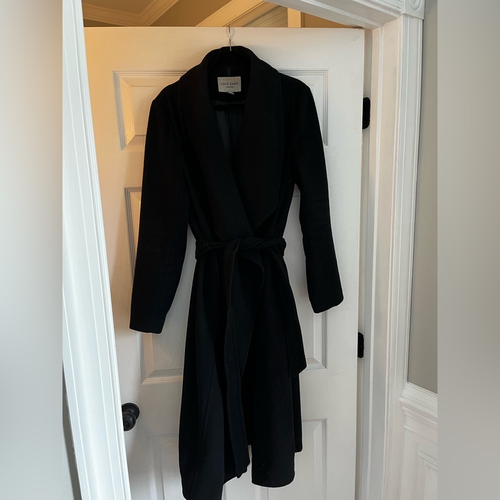Women’s Cole Haan wrap coat with belt.